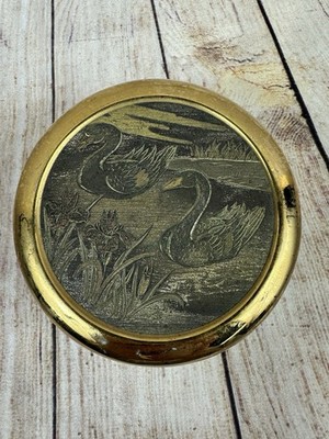 The Art of Chokin Style 3.75  Porcelain Trinket Box Swans Flowers 24K Gold Edge