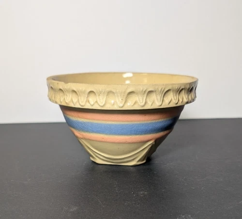 Vintage McCoy Yelloware Blue & Pink Stripe Pie Crust Small Mixing Bowl 5.25"x 3"