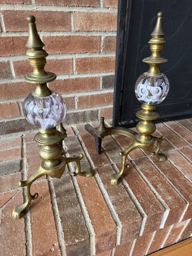 Vintage Brass Fireplace Andirons Glass Set Stand Tool Fire Place Rare Art Deco