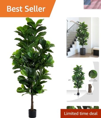 Fiddle Leaf Fig Tree 6ft Tall Artificial Tree in Plastic Pot Fake Ficus Lyrat...