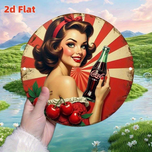 2D Flat Retro Coke Girl Heavy Tin Metal Signs Wall Art 8x8inch Classic Soda Adve