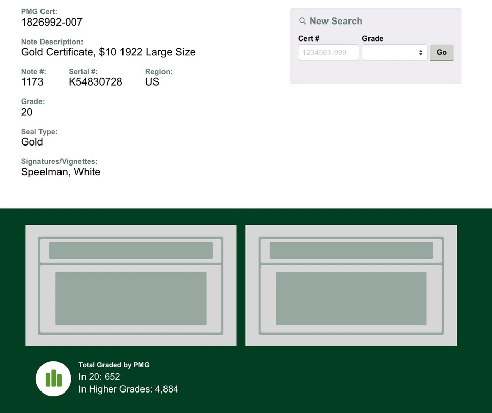 20 PMG 10 Dollars 1922 United States Banknote Gold Certificate Banknote # 1173 - Image 3 of 4