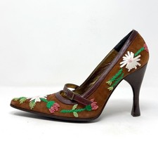 Vintage D&G Dolce Gabbana Brown Suede Embroidered Floral Mary Jane Heels 36