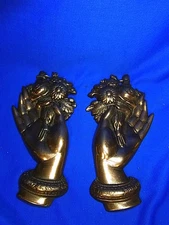 Pair Vintage German Cast Metal Hand with a Bunch of Flowers Wall Ornament #AP