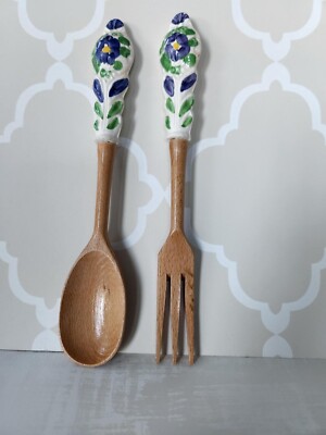 Wooden Spoon Fork w/ ceramic Handles made in Capri, serving utensil, kitchen dec