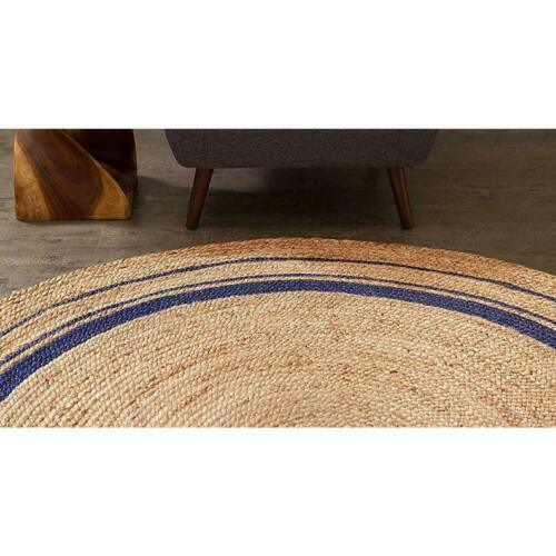 Rug Jute Natural Round Hand Woven Beige Blue Area Rug for Living Room
