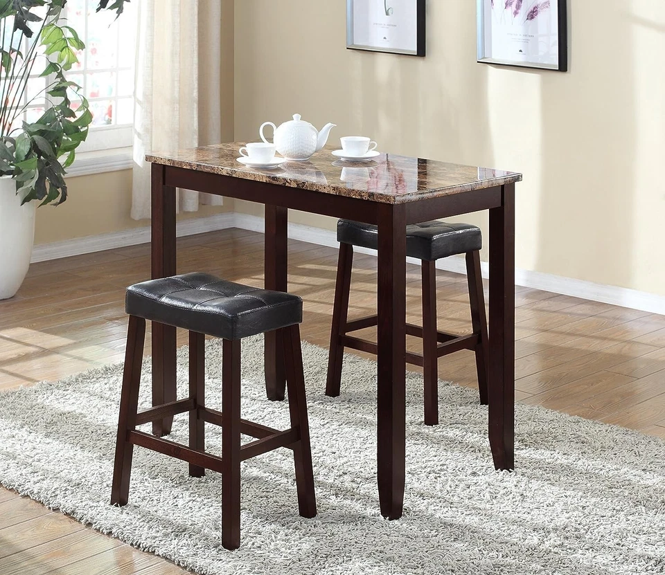Counter Height Marble Breakfast Table - Glossy Print - Dark Brown Legs - 3-Piece - Image 3 of 4