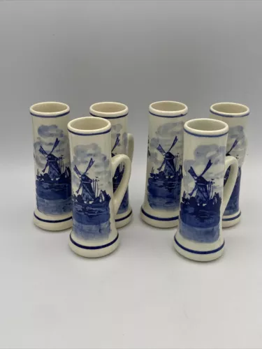 (6) 4.5” Delft Hand Painted Cup Shot Mug Blue Floral Windmill Scene Made Holland