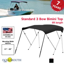 Oceansouth BIMINI TOP 3 Bow Boat Cover Black 61"-66" Wide 6ft Long W/ Rear Poles