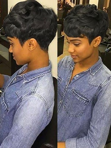 US Short Black Human Hair Wigs No lace Curly Pixie Cut Wigs for Women Glueless - 第 4/11 張圖片