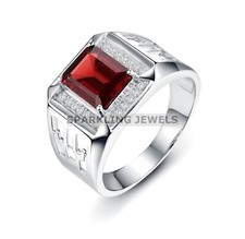 Lustrous Garnet Emerald Cut With 925 Sterling Silver Ring For Men's 107