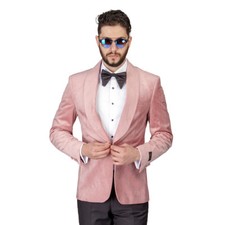 Men Pink Pastel Velvet Tuxedo Blazer Jacket Shawl Lapel 1 Button Slim Fit AZAR