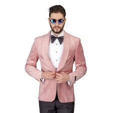  Men Pink Pastel Velvet Tuxedo Blazer Jacket Shawl Lapel 1 Button Slim Fit AZAR 