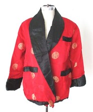 Vtg 60s red satin smoking jacket short robe gold medallion brocade pockets 48