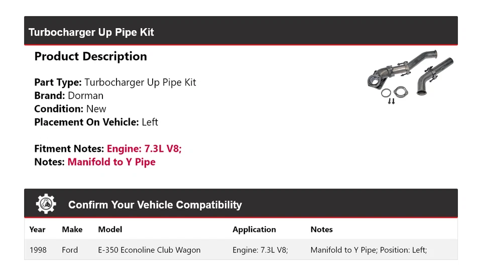 Kit de tubo turbocompresor Dorman para Ford E-350 Econoline Club Wagon 1998 Foto 2 de 4