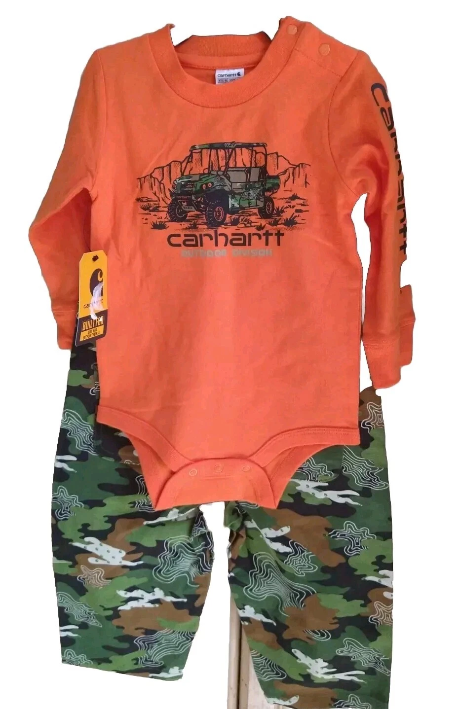 CARHARTT 18M Baby Toddler orange Green Topo Camo Bib Overalls Quad Snap Crotch