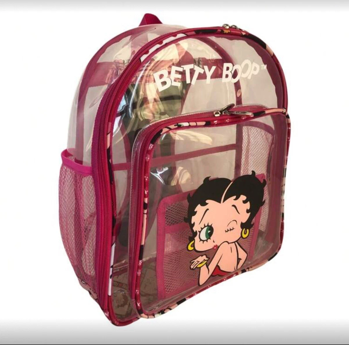 Betty Boop pink and clear vinyl pvc mesh‎ side pockets backpack brand new Betty Boop clear backpack New | Mercari main image 3