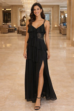 Lulus Size Small Black Ruffled Lace Chiffon V-Neck Side Slit Maxi Dress
