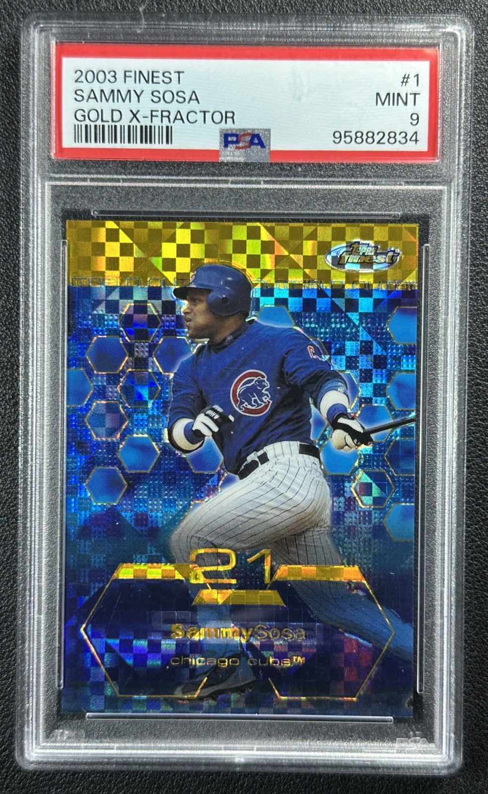 SAMMY SOSA PSA 9 2003 TOPPS FINEST #1 GOLD X-FRACTOR 008/199 CUBS view 1