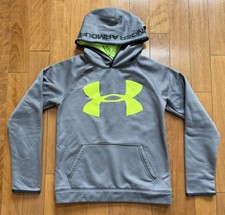 Under Armour Boys Gray Pullover Hoodie Sweatshirt With Green Logo Size L