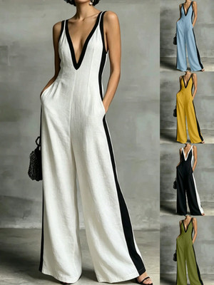 Womens Deep V Neck Sleeveless Jumpsuit Color Block Wide Leg Romper with Pockets
