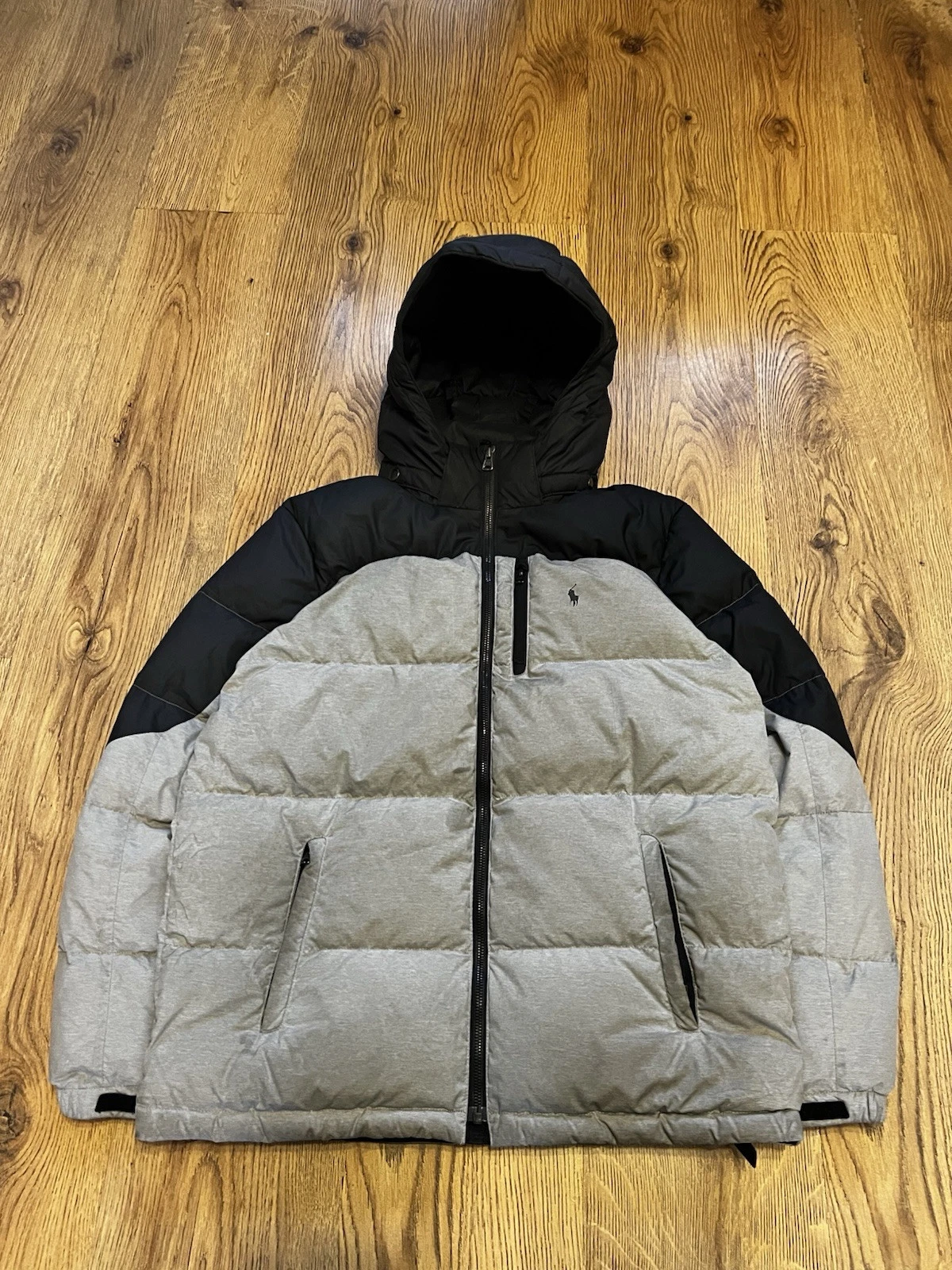 Ralph Lauren Grey And Black Puffer With Detachable Hood