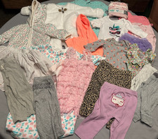 Large Lot Of 20 Girl Clothes-Pants-Pajamas-One Pieces-Sizes 0-9 Months