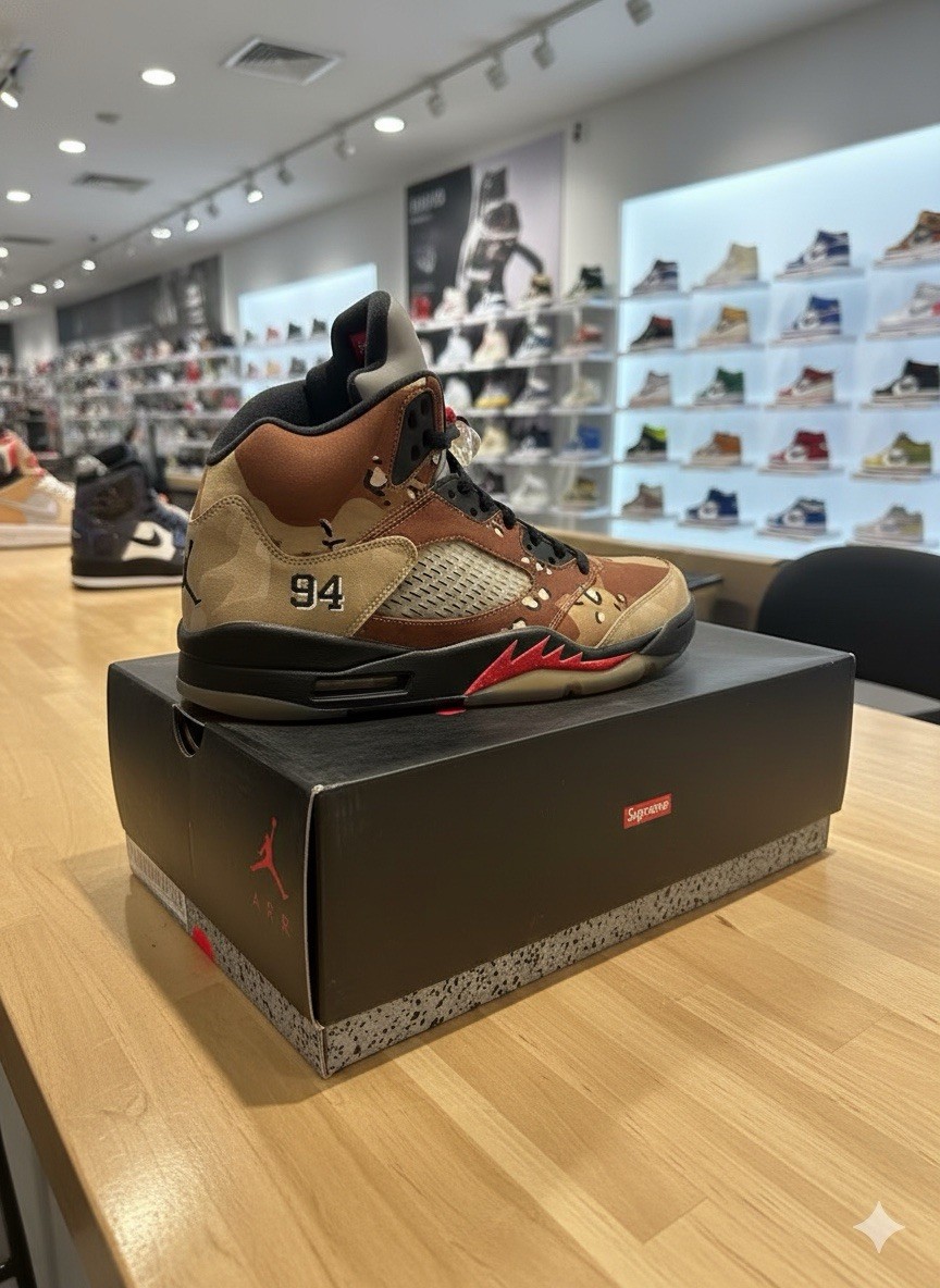 Size 9.5 - Supreme x Air Jordan 5 Retro Desert Camo 886691359593| eBay