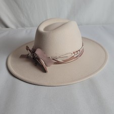 Fedora Western Wide Brim Natural Colored Hat Scarf Rhinestones Accent