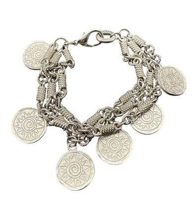 DKNY Donna Karan Engraved Sun Charm Chain Bangle Chunky Bracelet Silver Tone