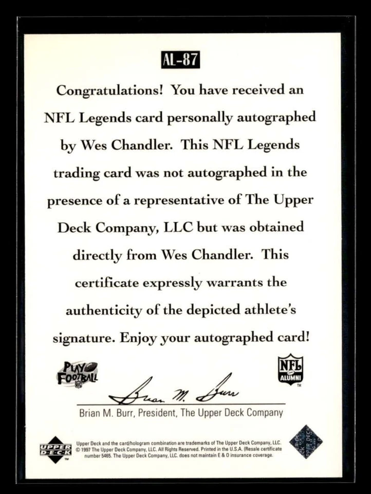 1997 Upper Deck Legends Wes Chandler Autograph Auto San Diego Chargers ZZ4224 - Image 2 of 2