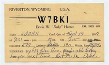 QSL Card W7BKI Riverton Wyoming 1957