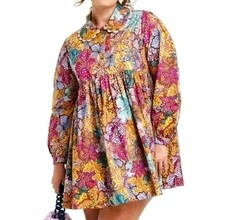 Kika Vargas Target Anemone Colorful Floral Mini Babydoll Dress 1X Boho Collared