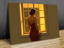 Woman in red dress Edward Hopper Style , mounted canvas print art ready to hang