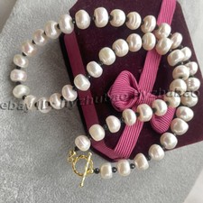 Natural 8-9mm White Bread Round Pearl Faceted Black Spinel Beads Necklace 18"