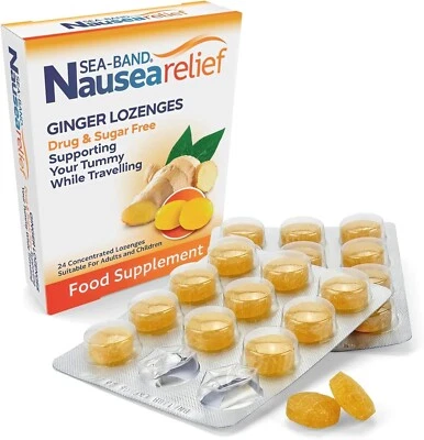 BRANDED Nausea Relief Sugar Free Ginger Lozenges for Motion and Travel Sickness (24 Loze