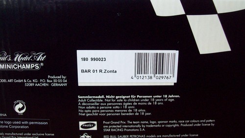 1/18 MINICHAMPS 180 990023 BAR 01 ZIPPER CAR 1999 RICCARDO ZONTA - Picture 2 of 5