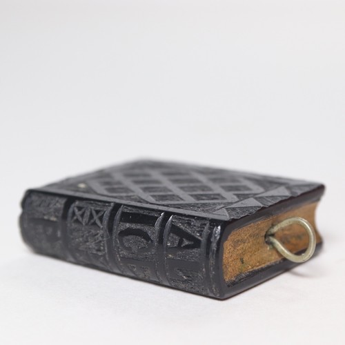 An Antique Irish Bog Oak Holy Bible Pendant, Named Alice P, Dated 1877. - Picture 3 of 9