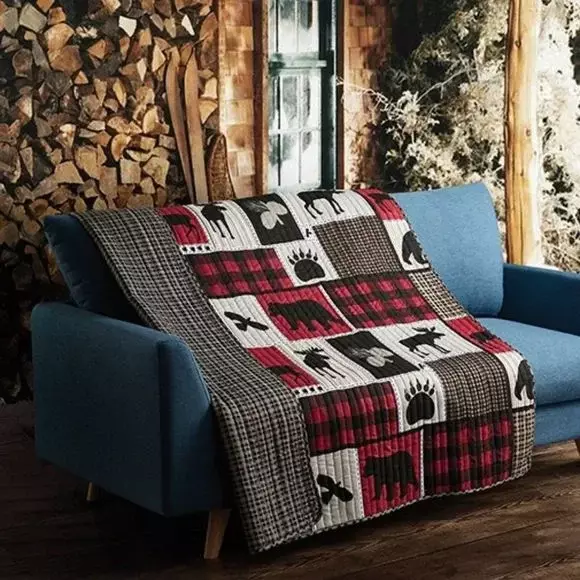 Lodge Bear Paw Printed Quilted Throw Blanket Country Primitive Moose Rustic