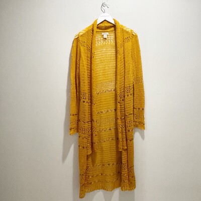 LUCKY BRAND Women’s Gold Orange Metallic Loose Knit Open Duster Cardigan Sz  S