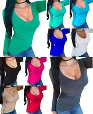 Sexy Women's Low Cut V-Neck Solid Long Sleeve Fitted Cute Stretchy Tee Shirt Top
