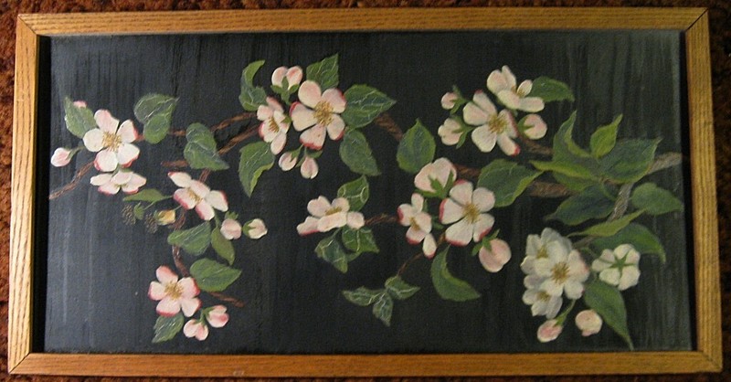 O ~ ORIGINAL PAINTING OF APPLE BLOSSOMS on Wooden Board ~ Late 1800’s ~ Folk art