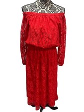 Nine West Red Off The Shoulder long sleeve Floral Lace Midi Dress 10 Valentines