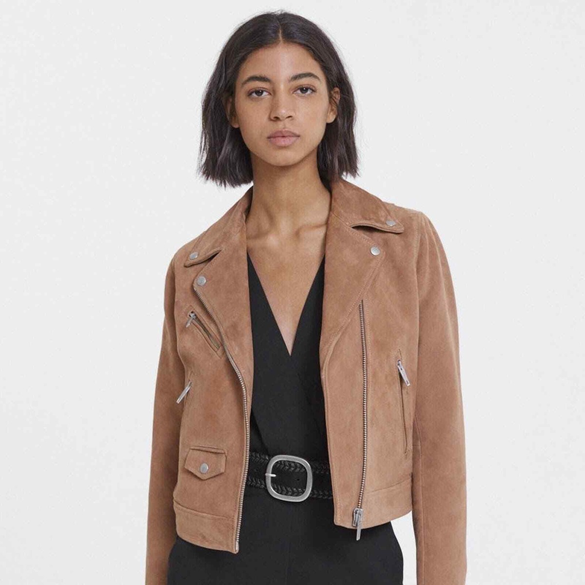 The Kooples SUEDE LEATHER ZIPPED CAMEL BIKER JACKET SIZE: Small