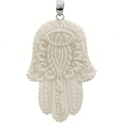 925 Sterling Silver Hand Carving Hamsa Hand Bison Bone Pendant, 2 3/4" - 第 3/3 張圖片