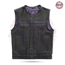 BlackTop  Black Leather Motorcycle Vest Purple Lining Concealed Waistcoat S-6XL