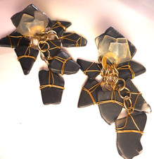 Painted Black Gold Wire Wrapped Sea Glass Cluster Dangle Clip Earrings 3"