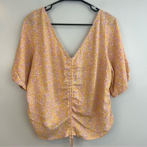 NWT H&M V-neck Drawstring Floral Cropped Short Sleeve Boho Blouse Size XL