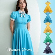 Women's 50s 60s Polka Dot Swing Dress Short Sleeve Party Evening Dresses Vintage