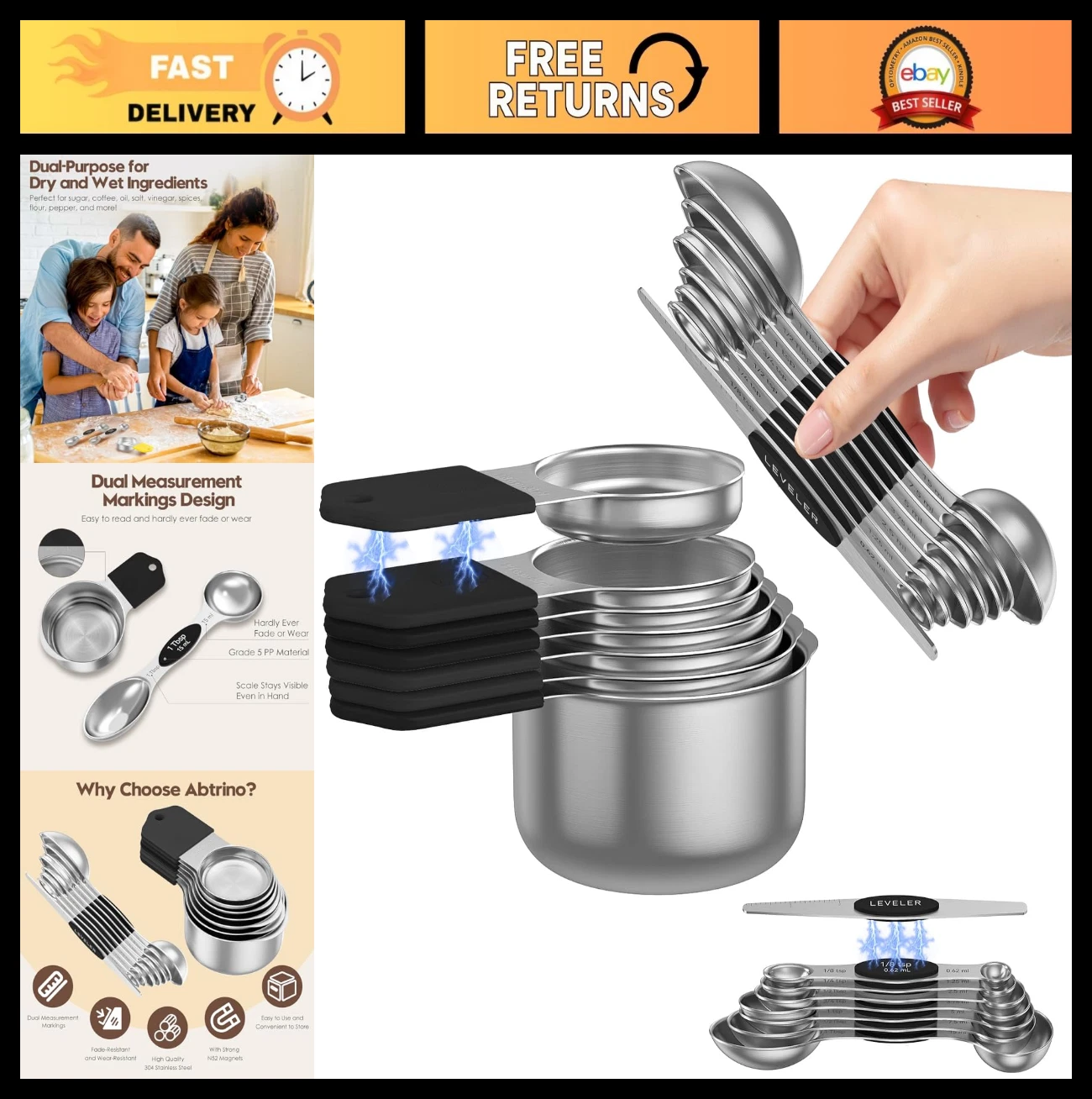 Magnetic Measuring Cups & Spoons Set - 15-Piece Stainless Steel, Dual-Sided, Nes